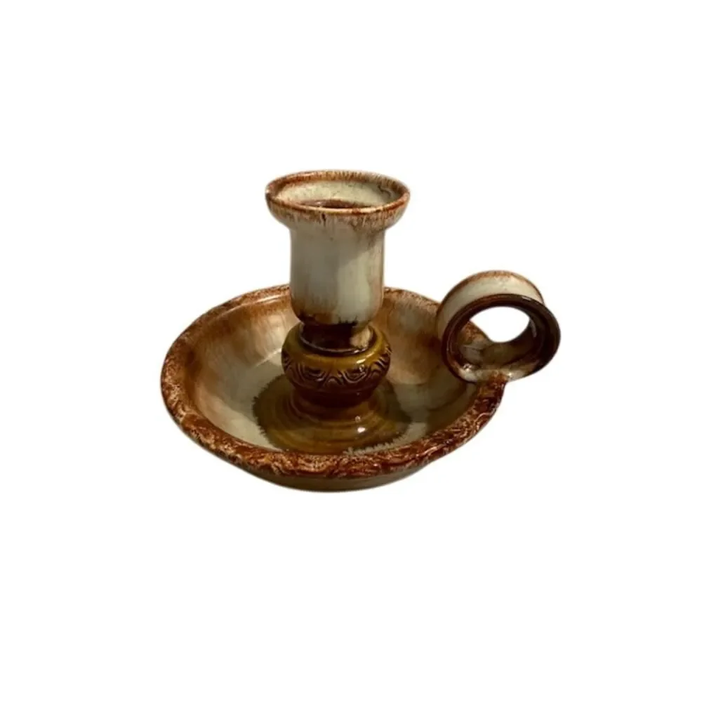 Vtg Dryden Original Pottery Pair of Candlesticks Brown Tan 3.75